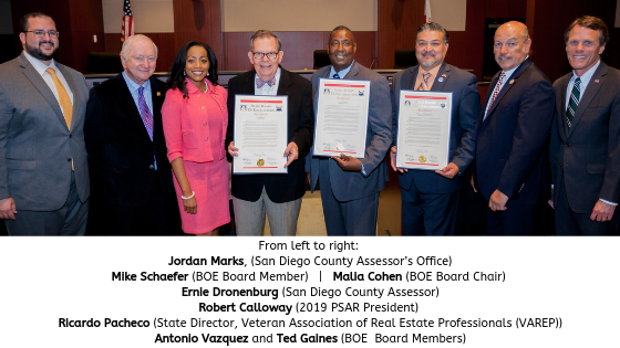 (From left to right)_ Jordan Marks, San Diego County Assessor’s Office; BOE Board Member Mike Schaefer; BOE Board Chair Malia Cohen; Ernie Dronenburg, San Diego County Assessor; Robert Calloway, 2019 PSAR President