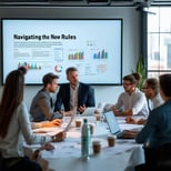 The image depicts a modern office setting where a group of real estate professionals are gathered around a sleek conference table